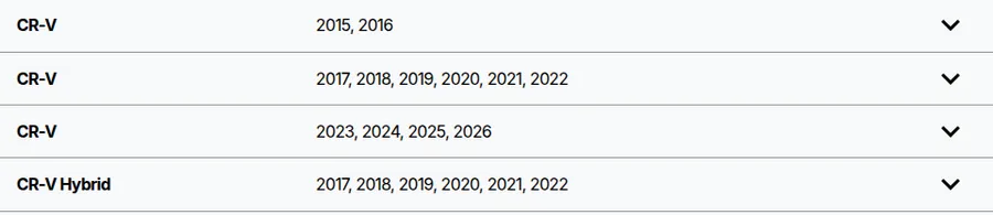 Honda CR-V rows showing separate model year ranges and hybrid listings